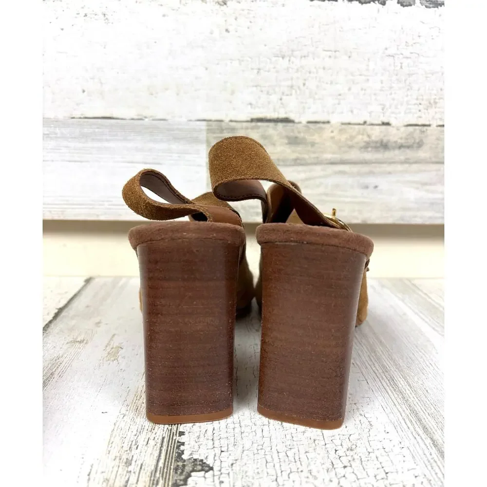 Christian Di Riccio Womens 7.5 Brown Suede Open-Toe Buckle Heeled Sandal NEW